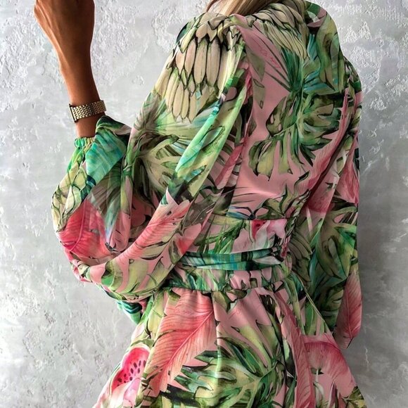 Green Casual Women's Random Floral Print V-Neck Long Sleeve Jumpsuit - Picture 4 of 4
